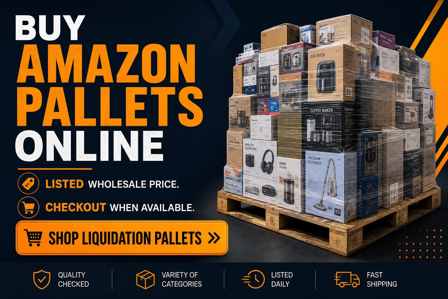 Flyer: Buy Amazon pallets online — listed wholesale price, shop liquidation pallets