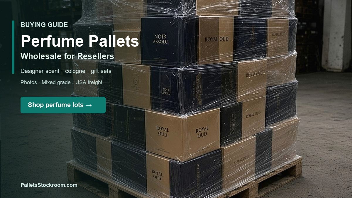Perfume pallets for sale — buy wholesale fragrance lots flyer with warehouse perfume pallet photo