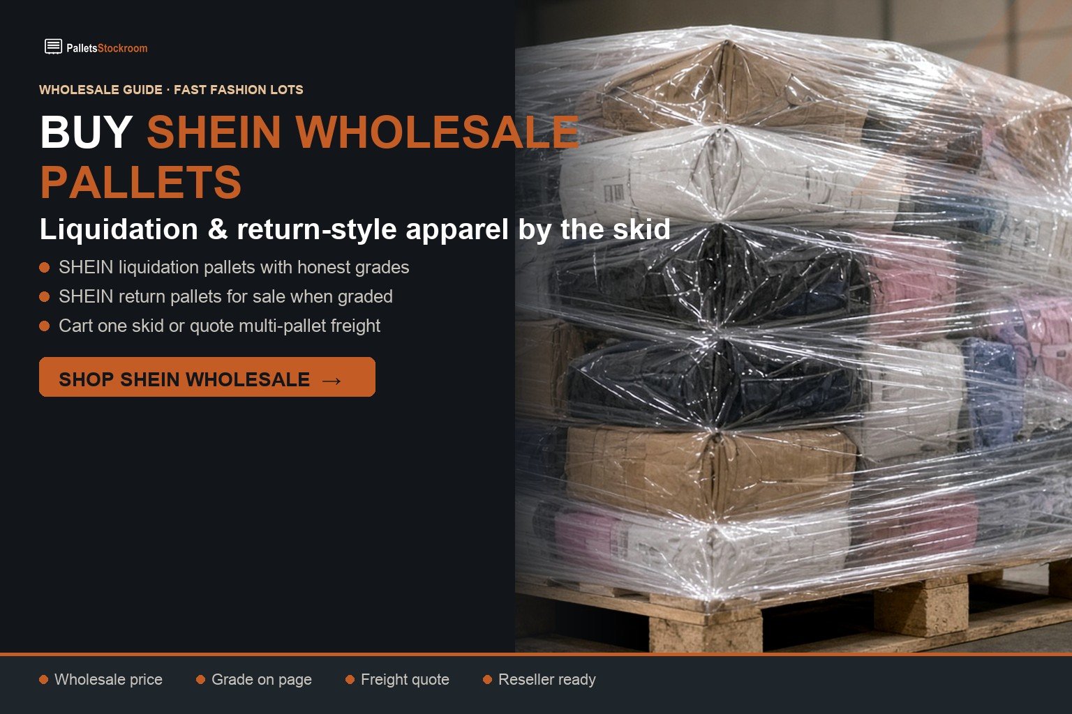 Buy SHEIN wholesale pallets — liquidation apparel flyer with warehouse clothing pallet photo