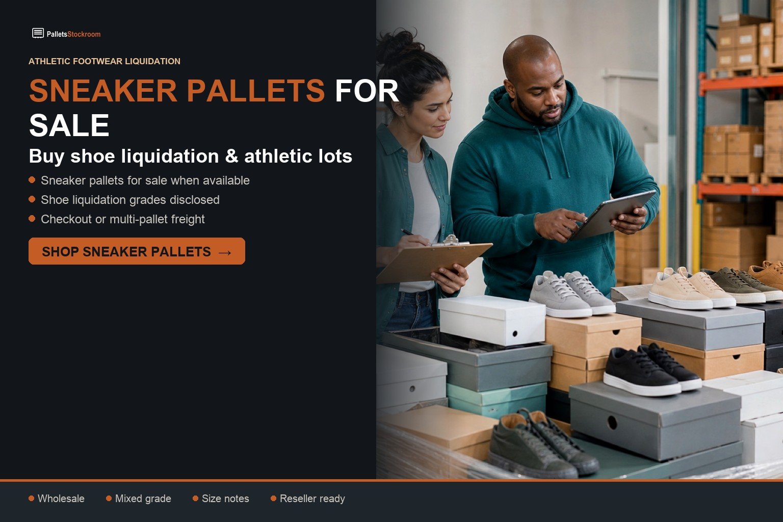 Sneaker pallets for sale — shoe liquidation athletic footwear flyer