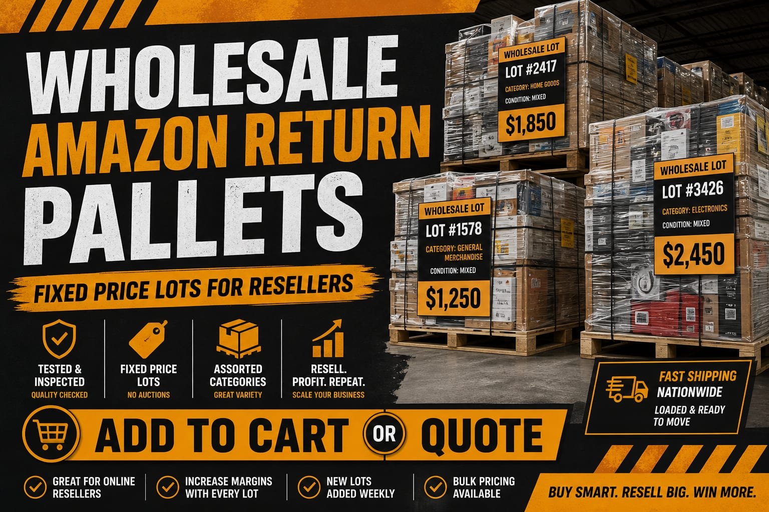Flyer: Wholesale Amazon return pallets — fixed price lots, add to cart or quote