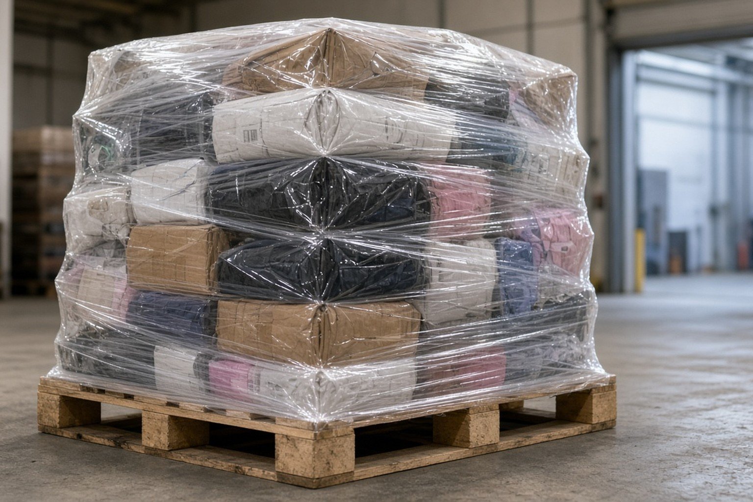 Wholesale clothes pallets wrapped for freight with apparel cartons on wood