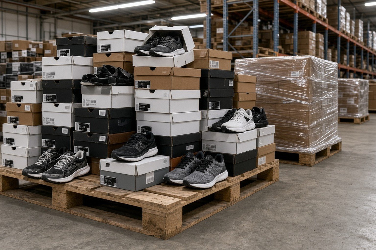 Sneaker pallets for sale with athletic shoe boxes on a wholesale pallet