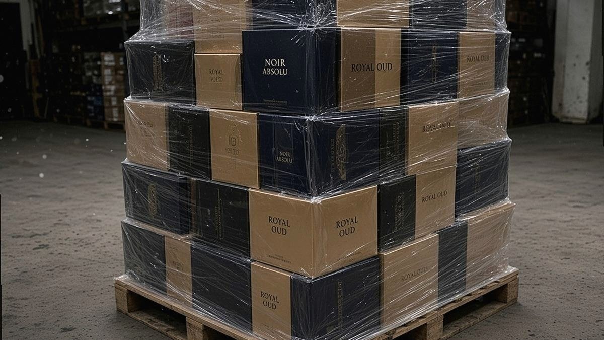 Wrapped designer perfume pallet with lot ticket in a wholesale warehouse