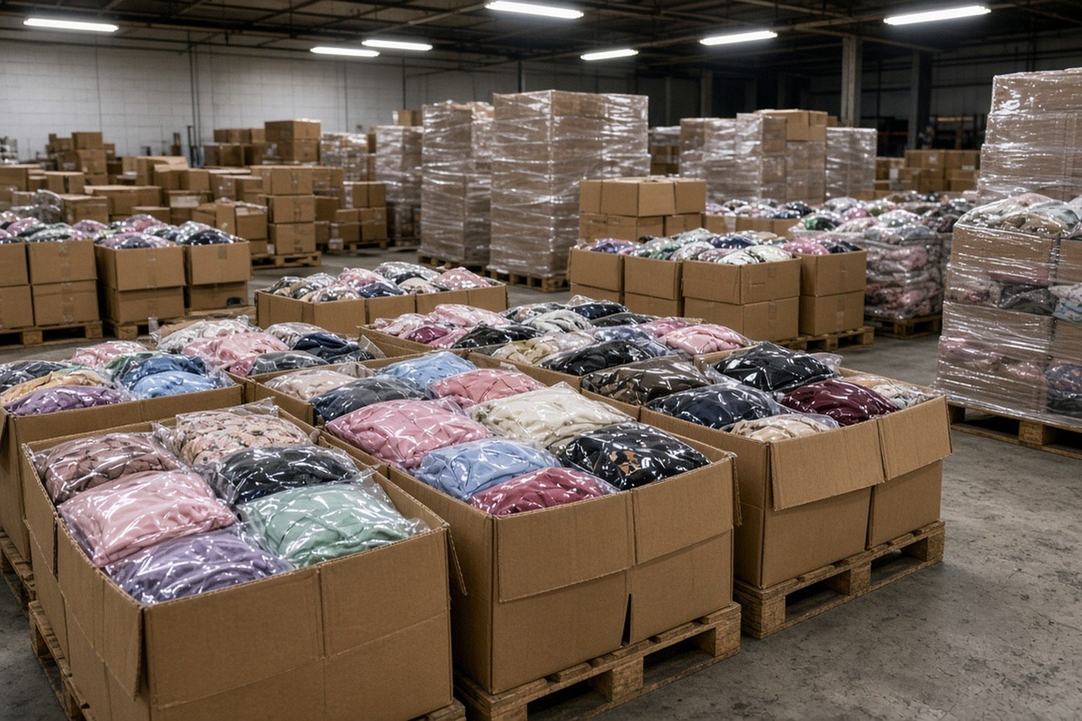 Apparel pallets for sale with poly-bagged clothing on wholesale wood