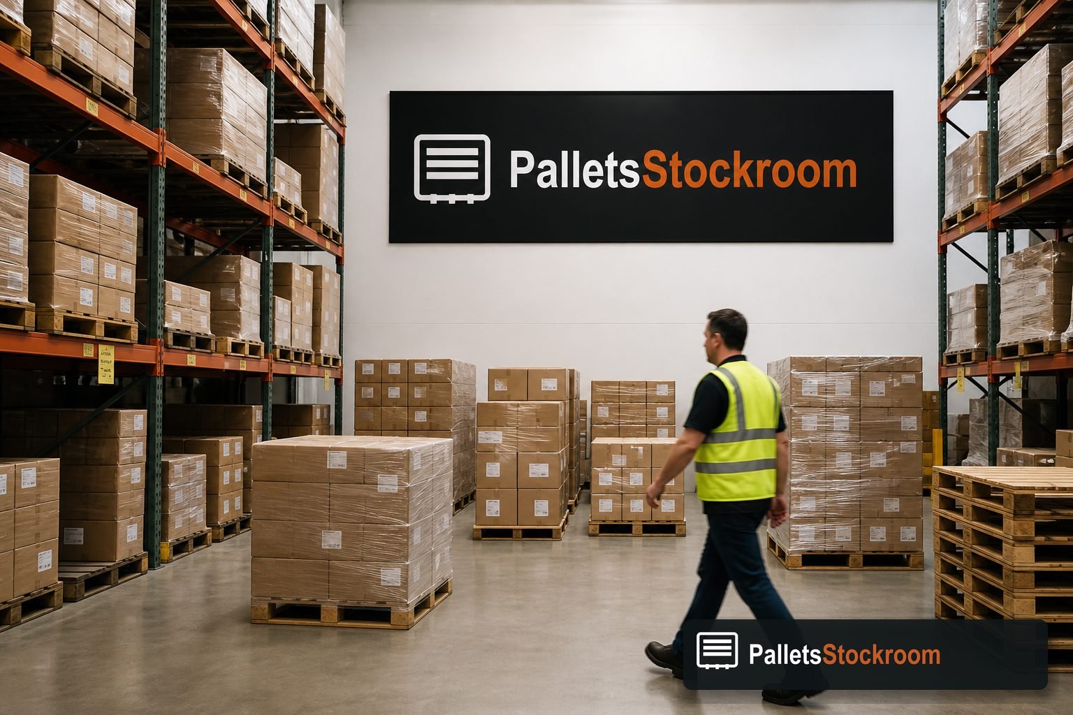 Pallets Stock Room warehouse aisle with branded signage and pallet inventory