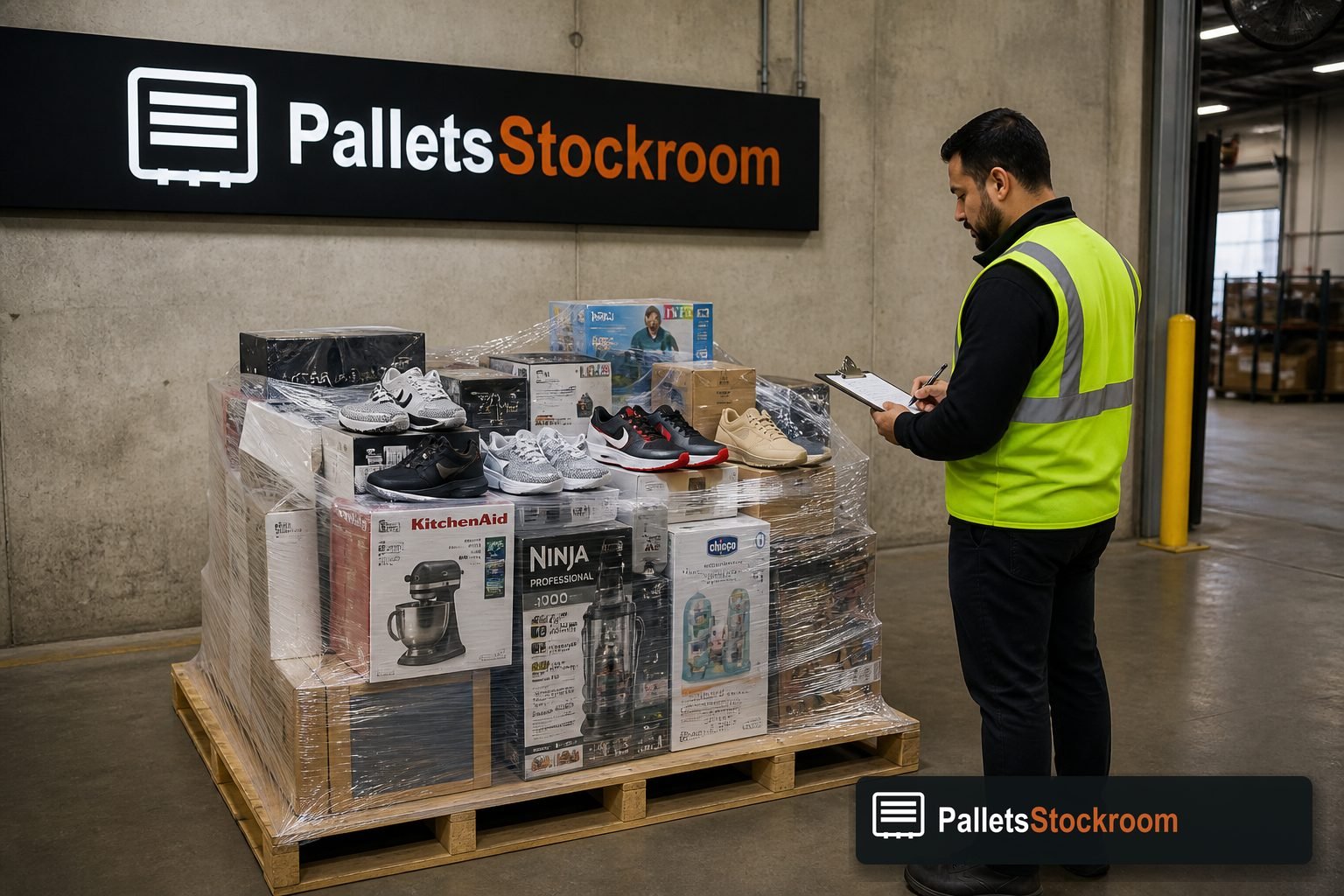 Inspector reviewing a clipboard beside a wholesale pallet