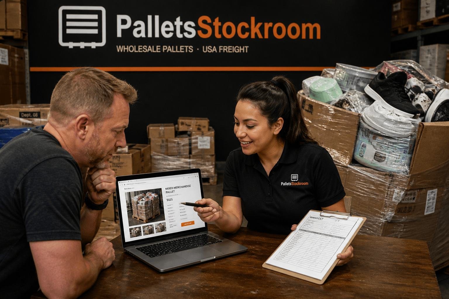 Reviewing a wholesale pallet listing at Pallets Stock Room