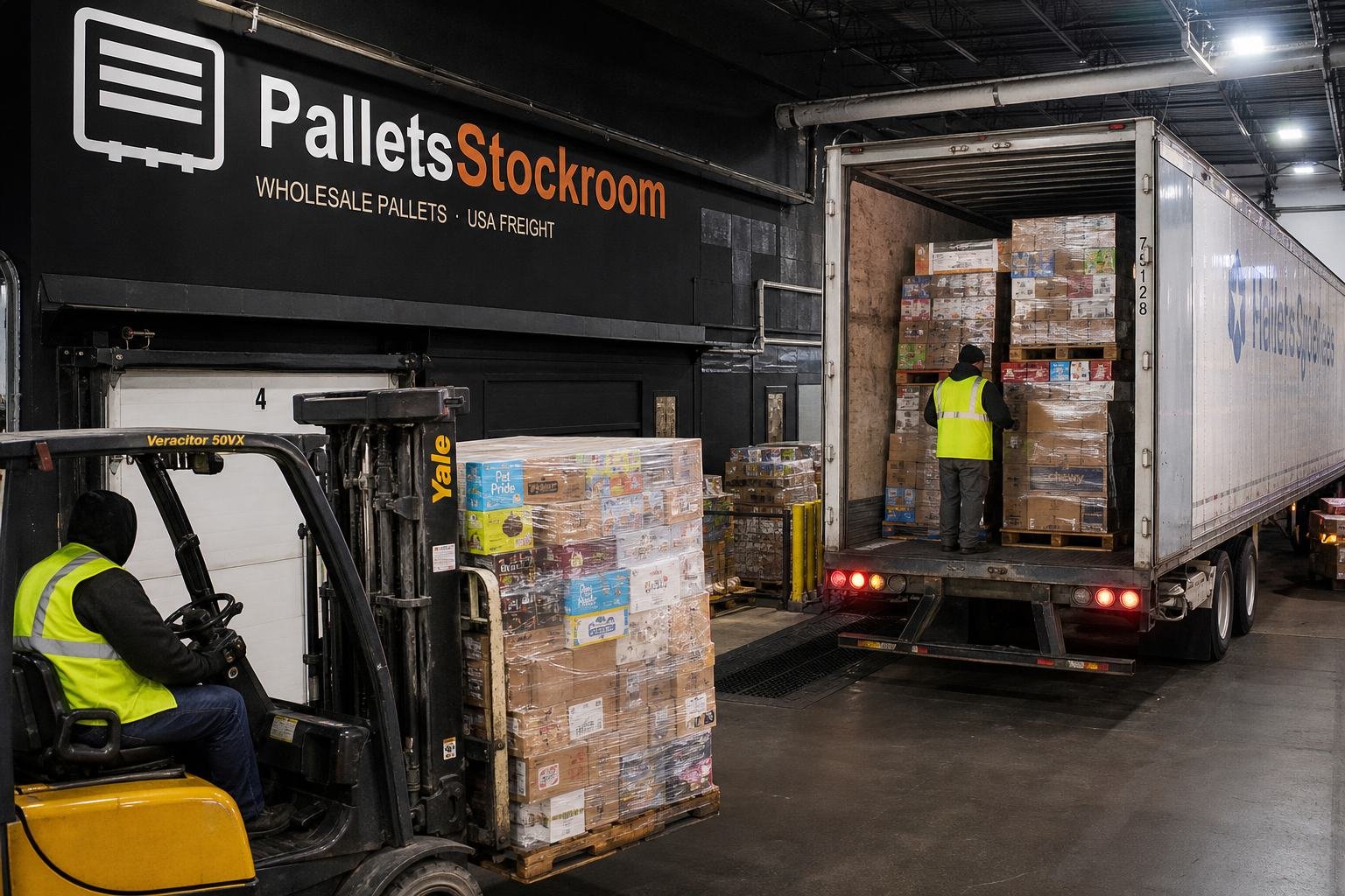 Freight truck being loaded with stretch-wrapped wholesale pallets