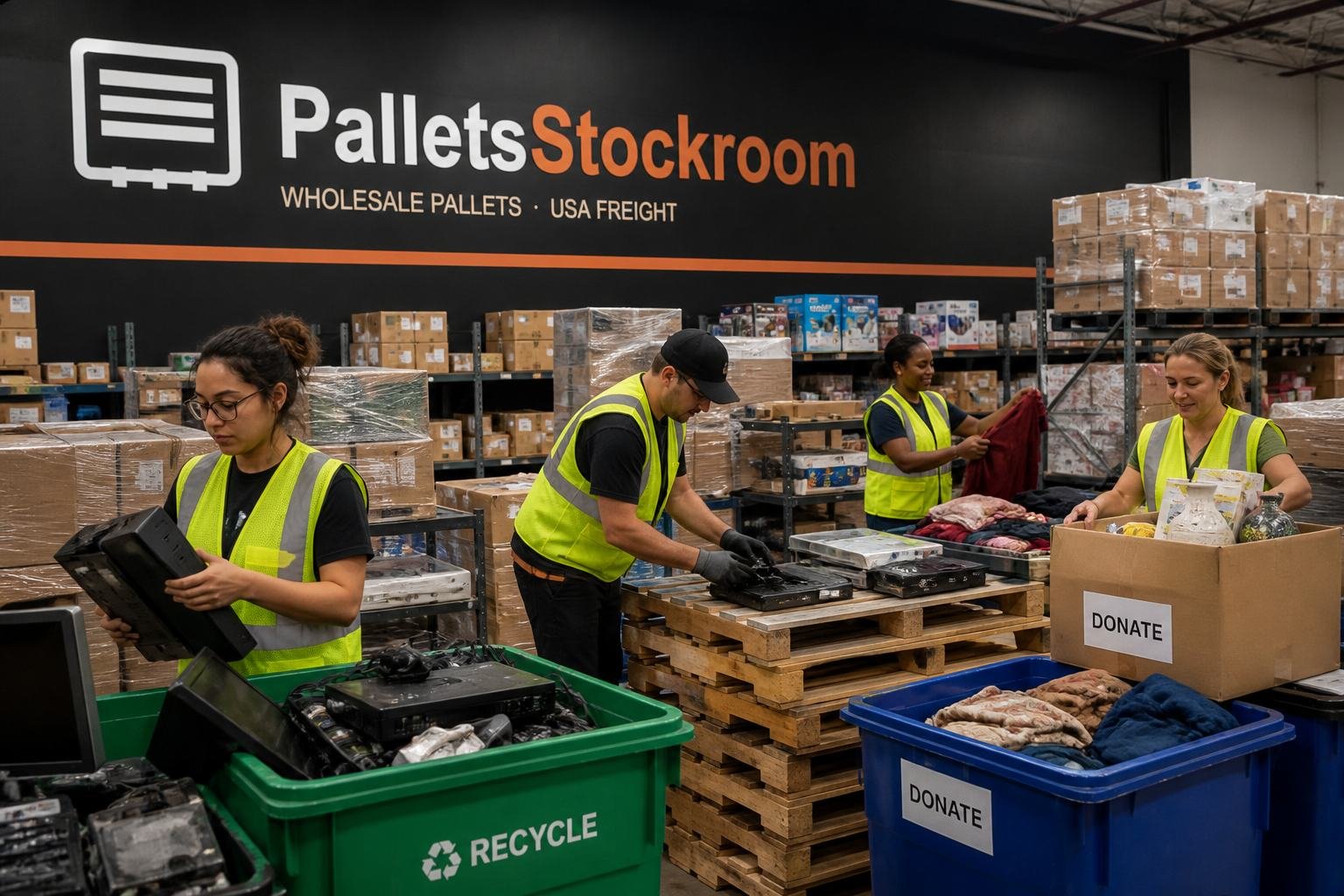 Warehouse team sorting returned merchandise into pallets, recycle, and donate bins