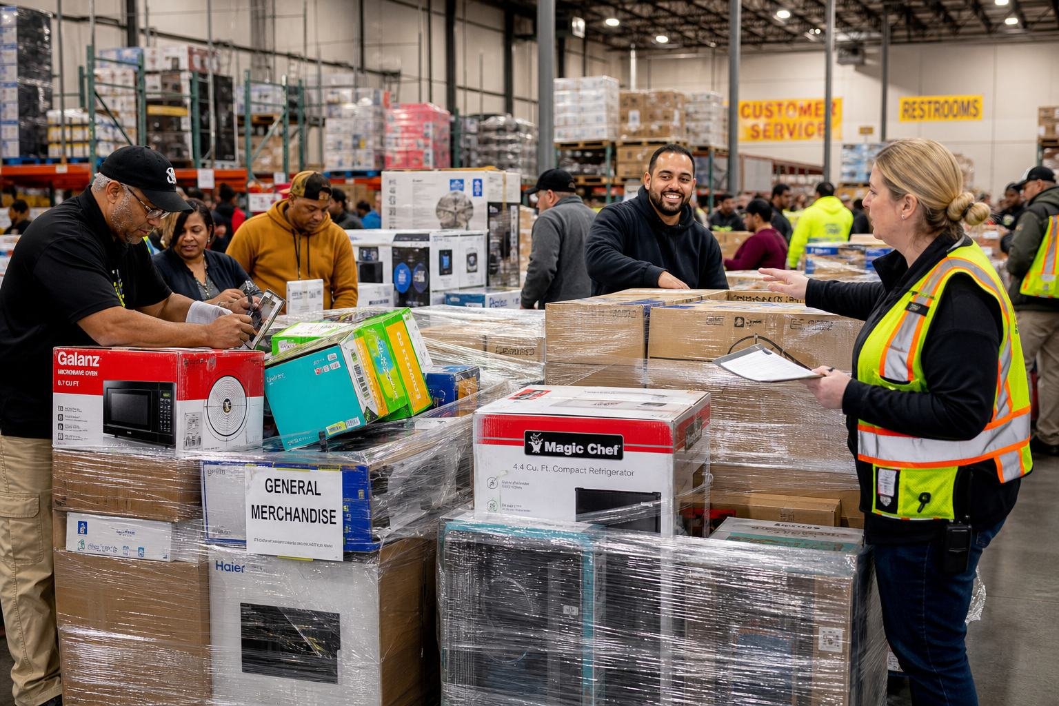 Buyers inspecting liquidation pallets in a warehouse