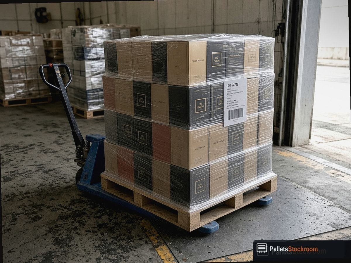 High-End Designer Fragrance Pallets — Aisle or dock staging for USA freight
