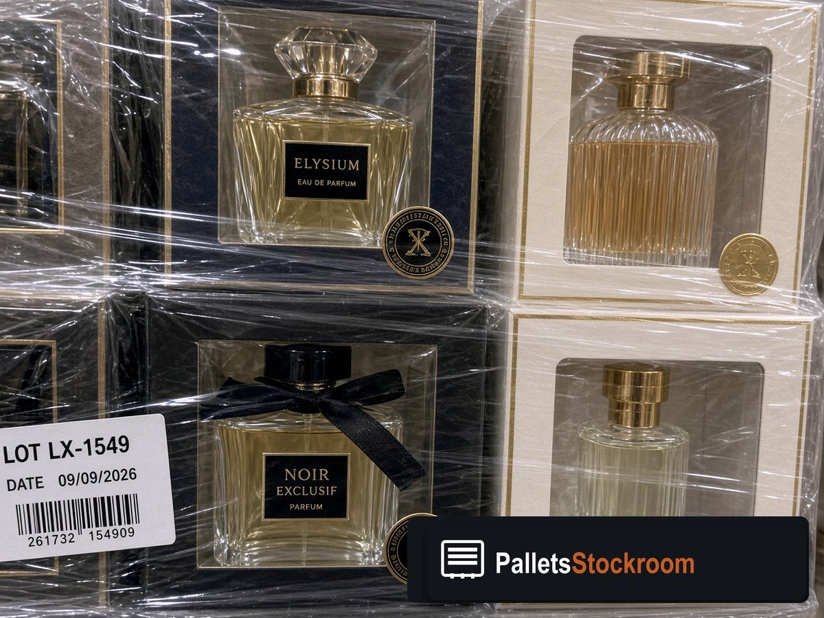 Luxury Mixed Perfume Pallet — LOT LX-1549 — Warehouse pallet packing context