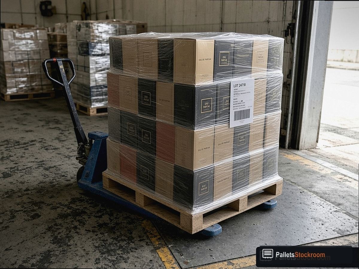 Mixed Perfume & Cologne Pallets — Aisle or dock staging for USA freight